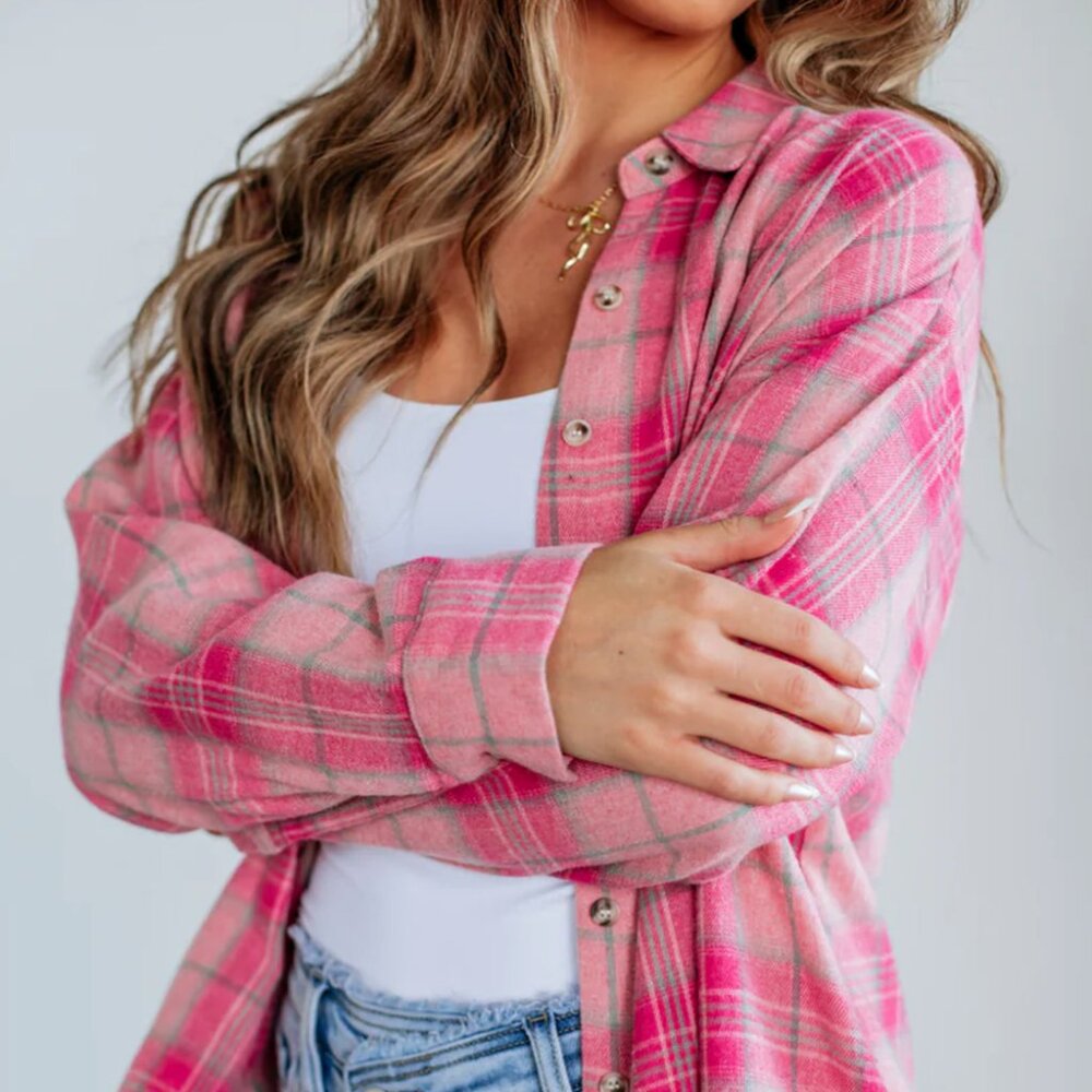 B351 Sachet Pink Plaid Print Rounded Hem Long Sleeve Shirt with Pockets